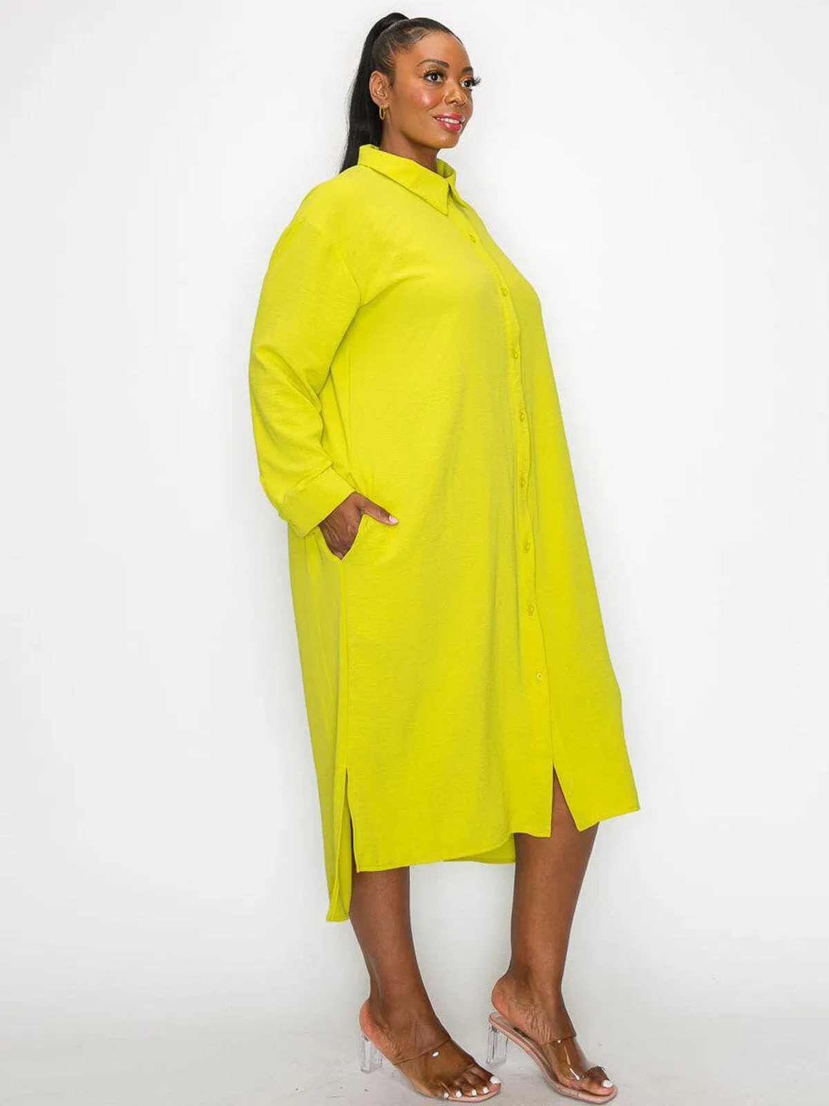 PLUS SIZE LONG SLEEVE POCKETS BUTTON UP TUNIC MIDI DRESS