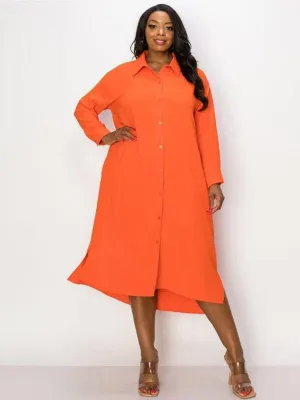 PLUS SIZE LONG SLEEVE POCKETS BUTTON UP TUNIC MIDI DRESS