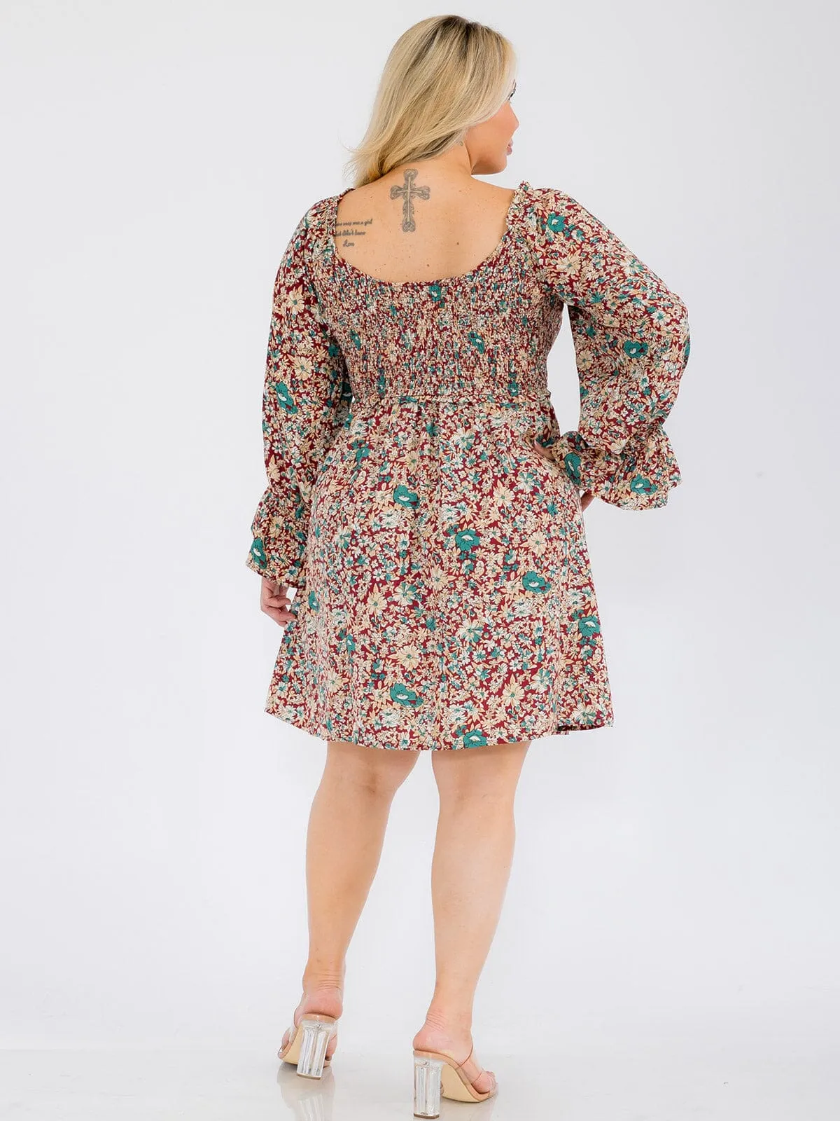 PLUS SIZE LONG SLEEVE SMOCK TUNIC FLORAL MINI DRESS