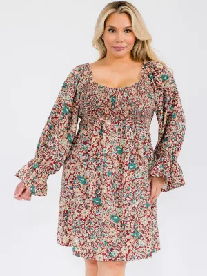 PLUS SIZE LONG SLEEVE SMOCK TUNIC FLORAL MINI DRESS