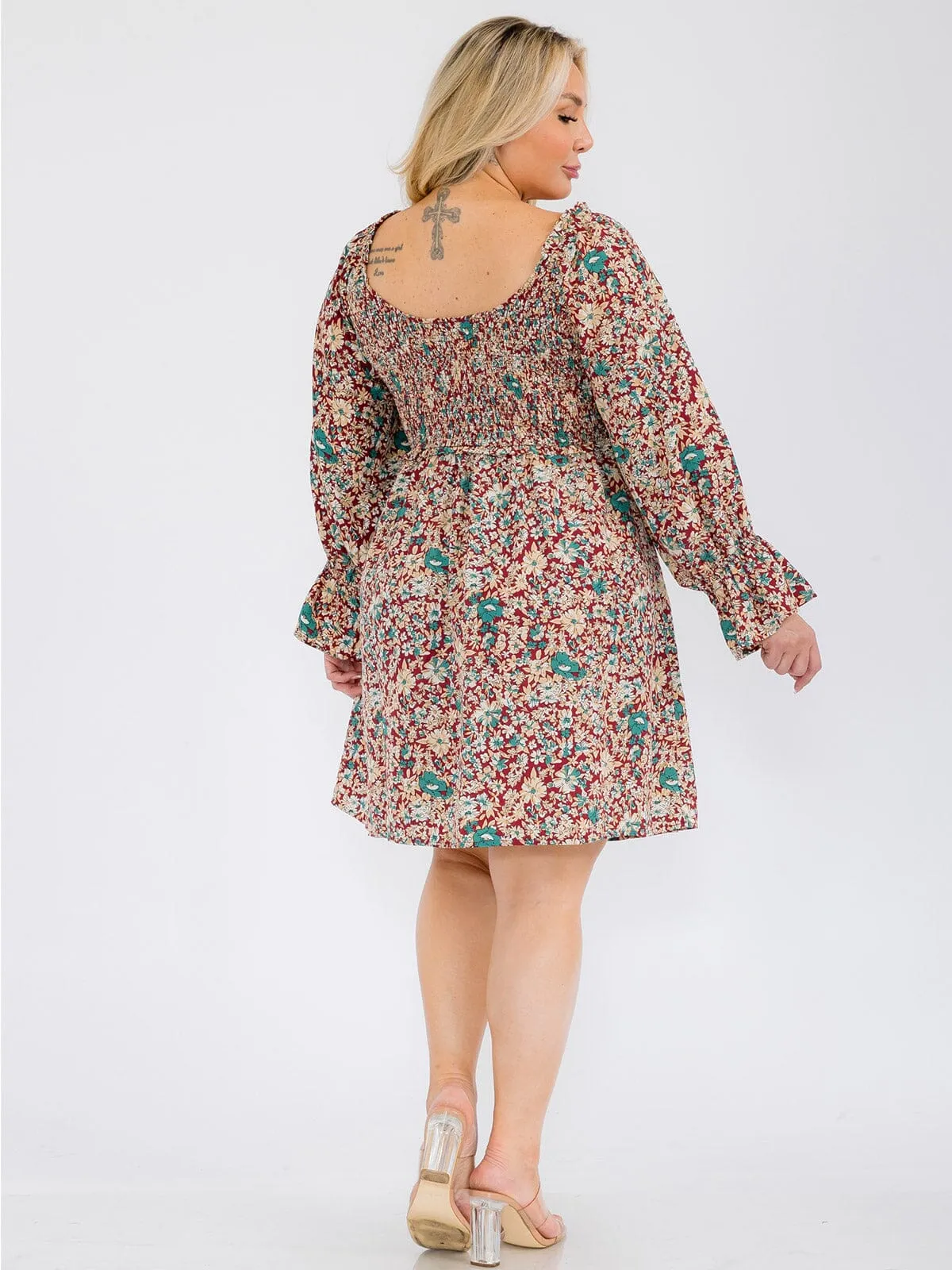 PLUS SIZE LONG SLEEVE SMOCK TUNIC FLORAL MINI DRESS