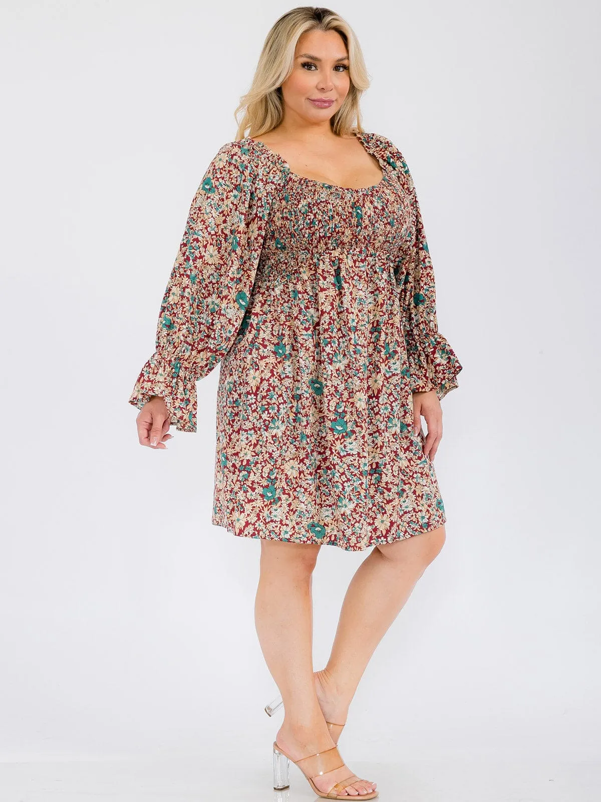PLUS SIZE LONG SLEEVE SMOCK TUNIC FLORAL MINI DRESS