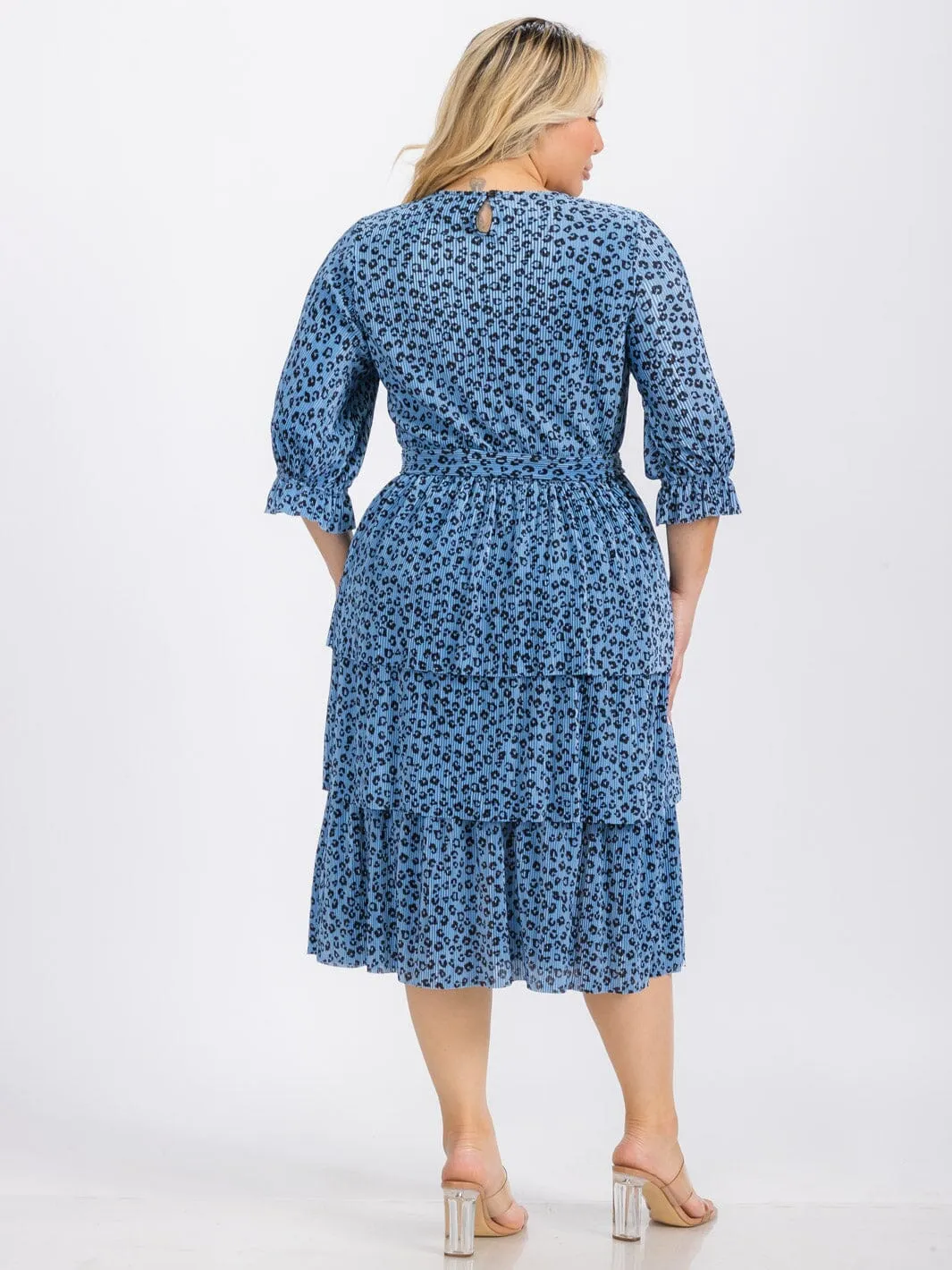 PLUS SIZE SHORT SLEEVE SELF TIE TIERED ANIMAL PRINT MIDI DRESS