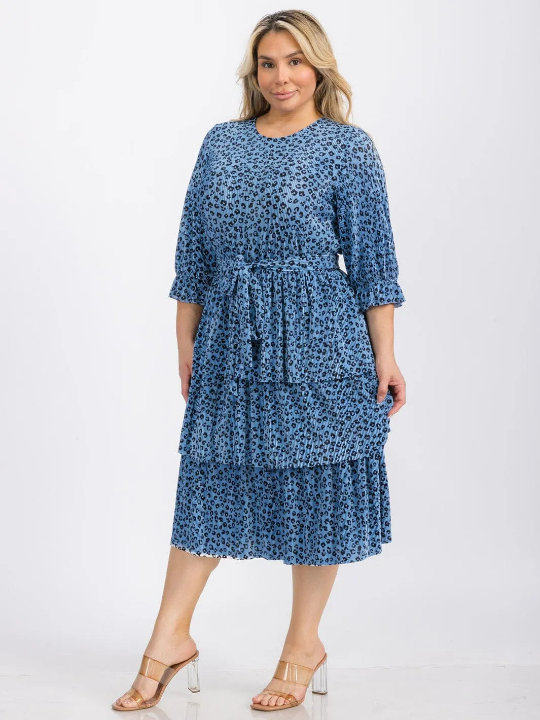 PLUS SIZE SHORT SLEEVE SELF TIE TIERED ANIMAL PRINT MIDI DRESS