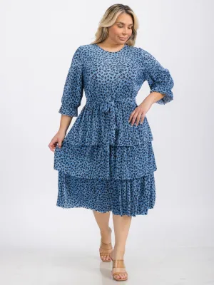 PLUS SIZE SHORT SLEEVE SELF TIE TIERED ANIMAL PRINT MIDI DRESS
