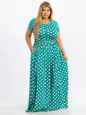 PLUS SIZE SHORT SLEEVE SELF TIE TOP & MAXI SKIRT POLKA DOTS 2PC. SET