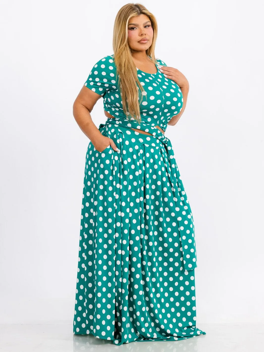 PLUS SIZE SHORT SLEEVE SELF TIE TOP & MAXI SKIRT POLKA DOTS 2PC. SET