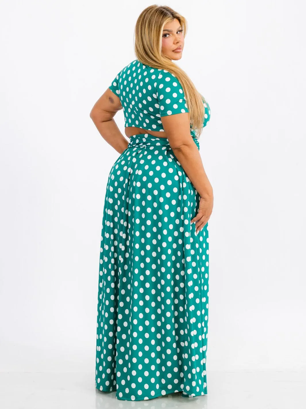 PLUS SIZE SHORT SLEEVE SELF TIE TOP & MAXI SKIRT POLKA DOTS 2PC. SET