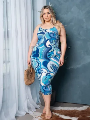 PLUS SIZE SLEEVELESS BODYCON MULTI PRINT MIDI DRESS