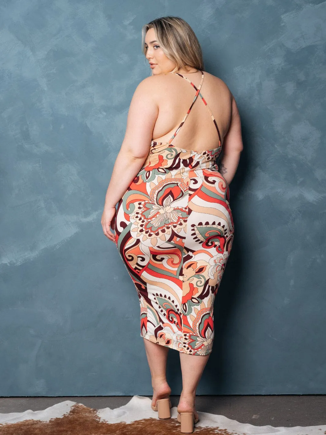 PLUS SIZE SLEEVELESS BODYCON MULTI PRINT MIDI DRESS