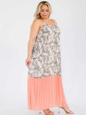 PLUS SIZE SLEEVELESS MULTI PRINT PLEATED TUNIC MAXI DRESS