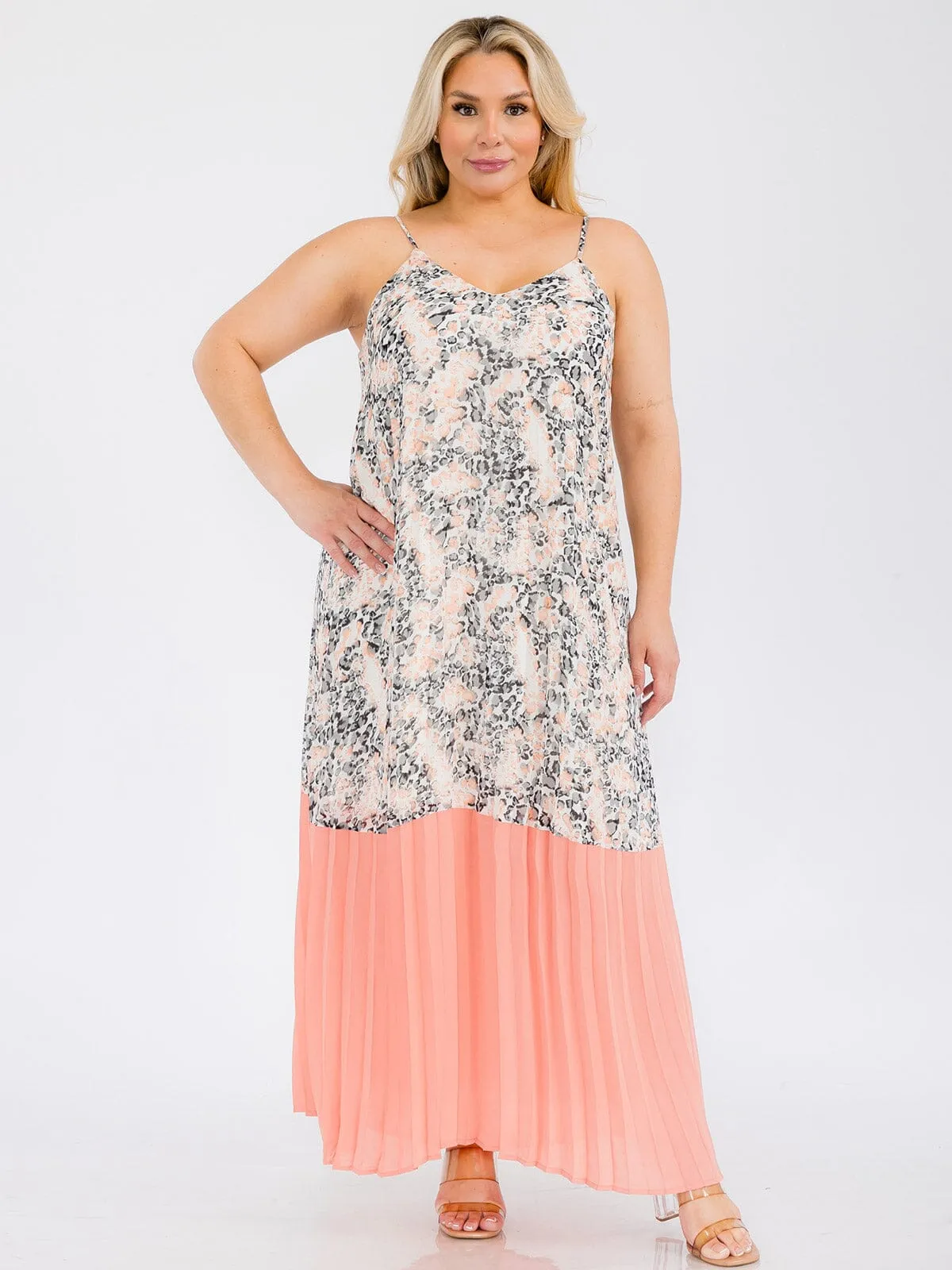 PLUS SIZE SLEEVELESS MULTI PRINT PLEATED TUNIC MAXI DRESS
