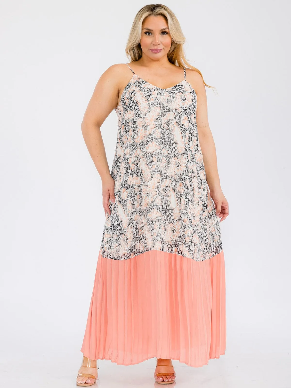 PLUS SIZE SLEEVELESS MULTI PRINT PLEATED TUNIC MAXI DRESS