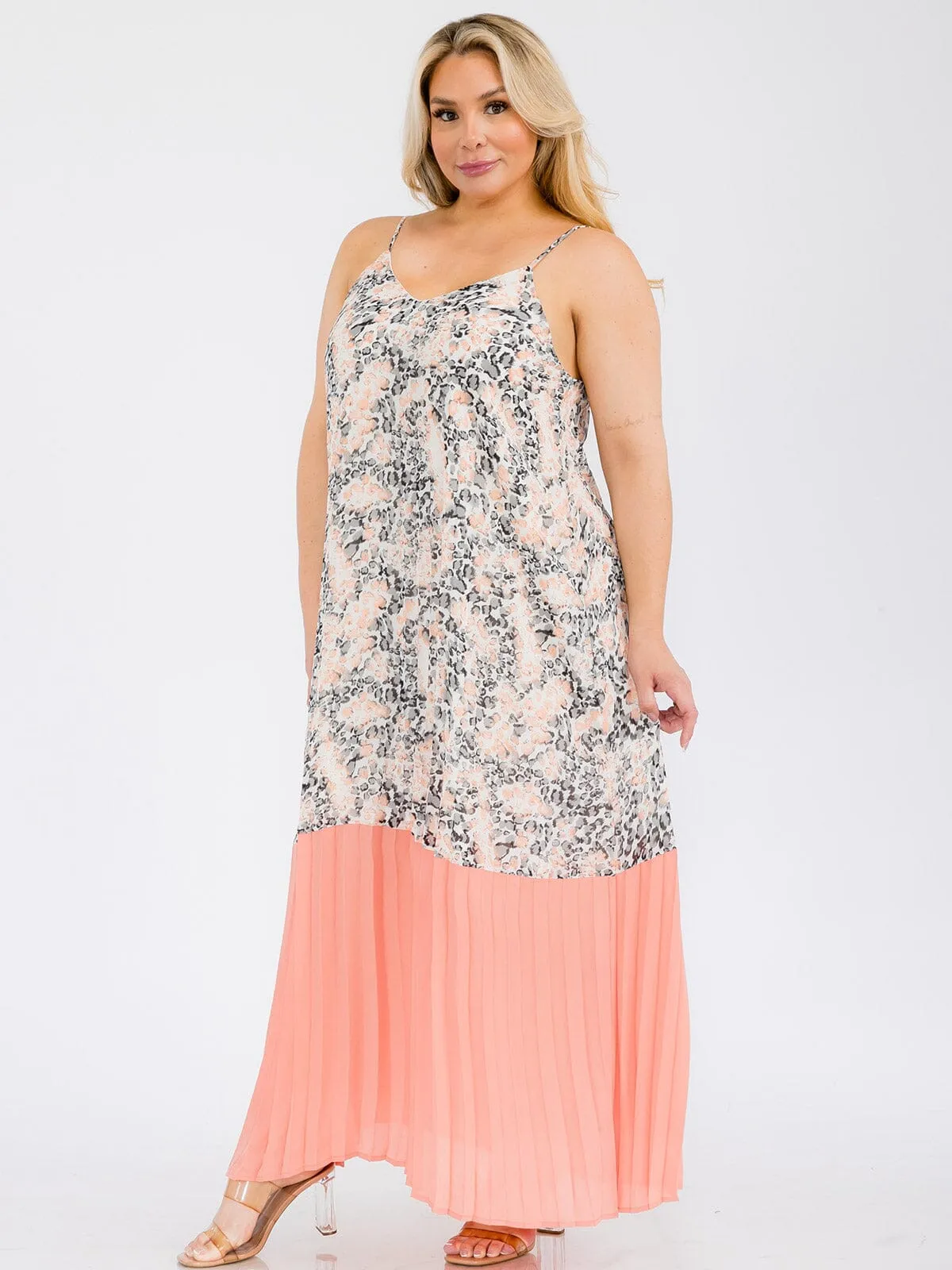PLUS SIZE SLEEVELESS MULTI PRINT PLEATED TUNIC MAXI DRESS