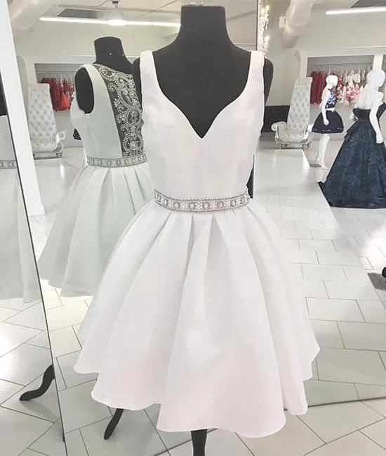 Pretty White V Neck Prom Homecoming Dress
