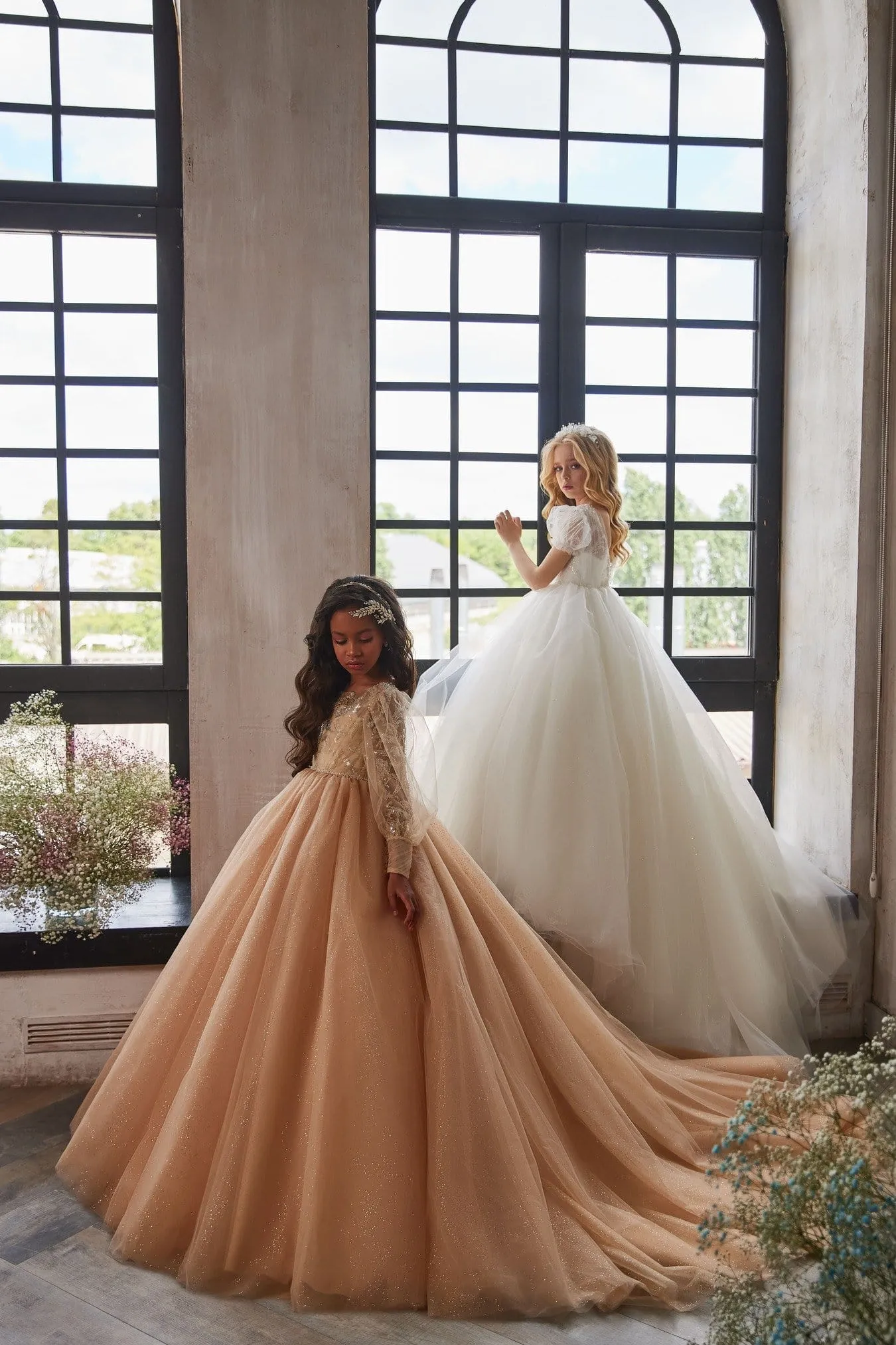 Puffed Sleeve Sparkly Princess Dress for Junior Bridesmaids