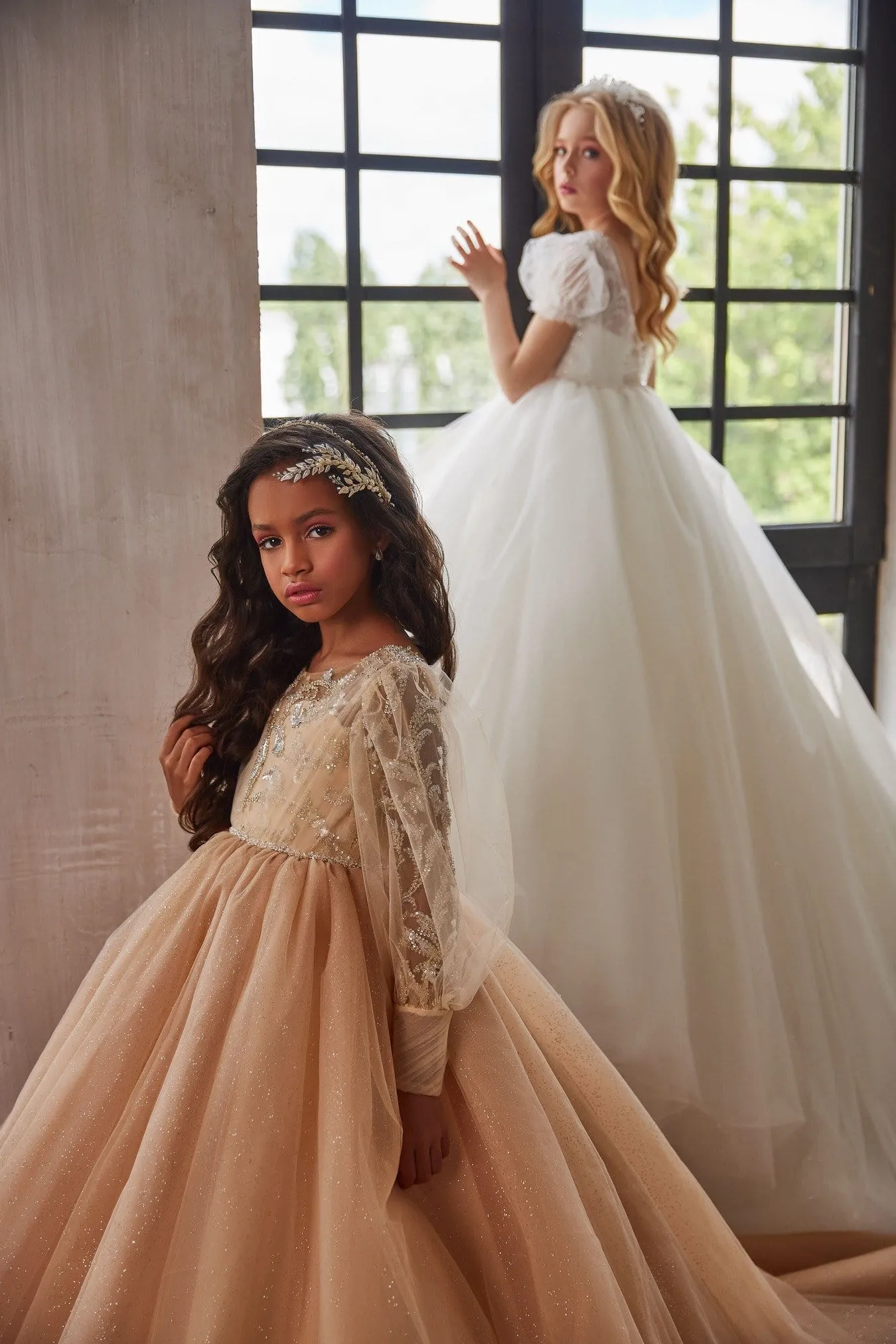 Puffed Sleeve Sparkly Princess Dress for Junior Bridesmaids