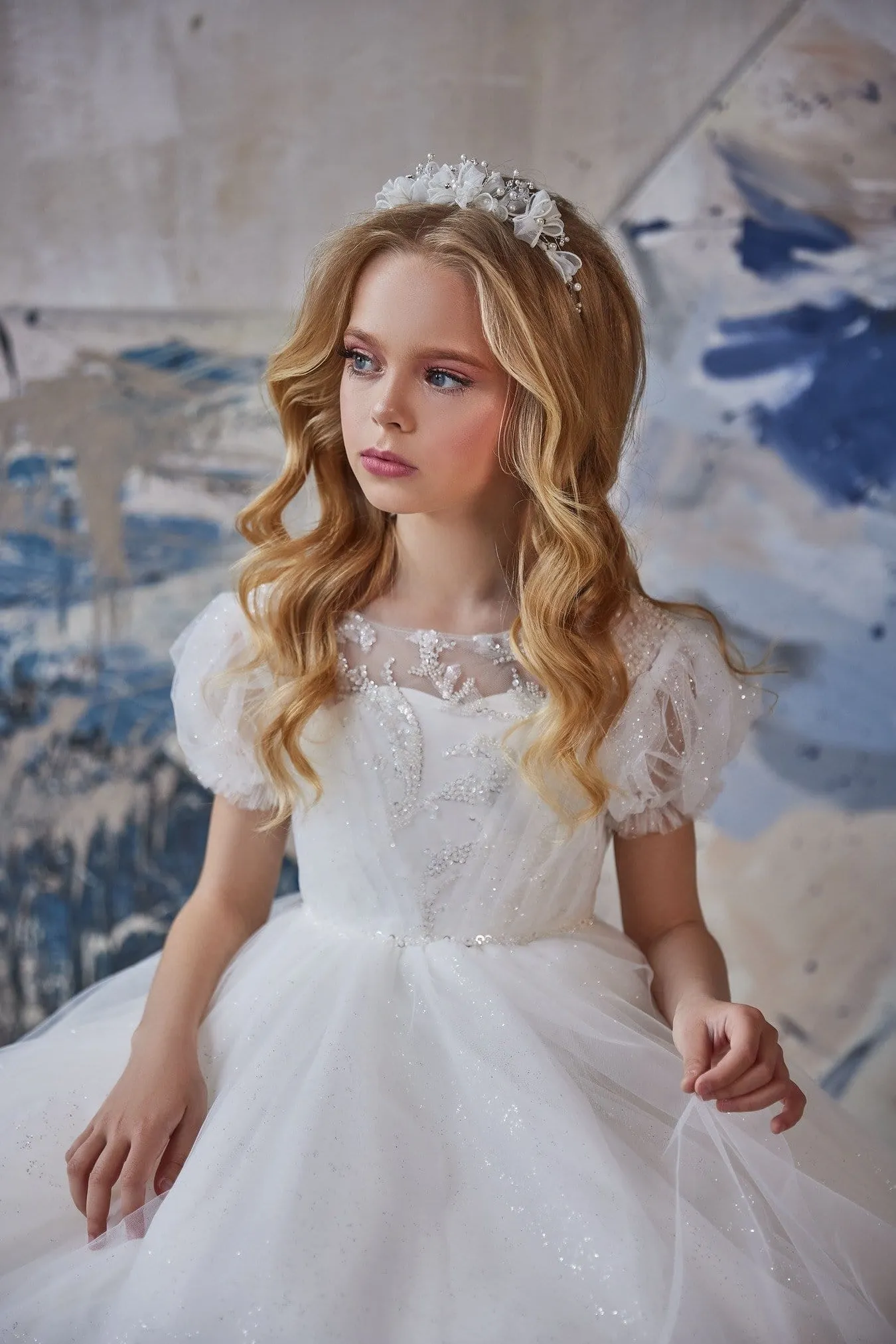 Puffed Sleeve Sparkly Princess Dress for Junior Bridesmaids