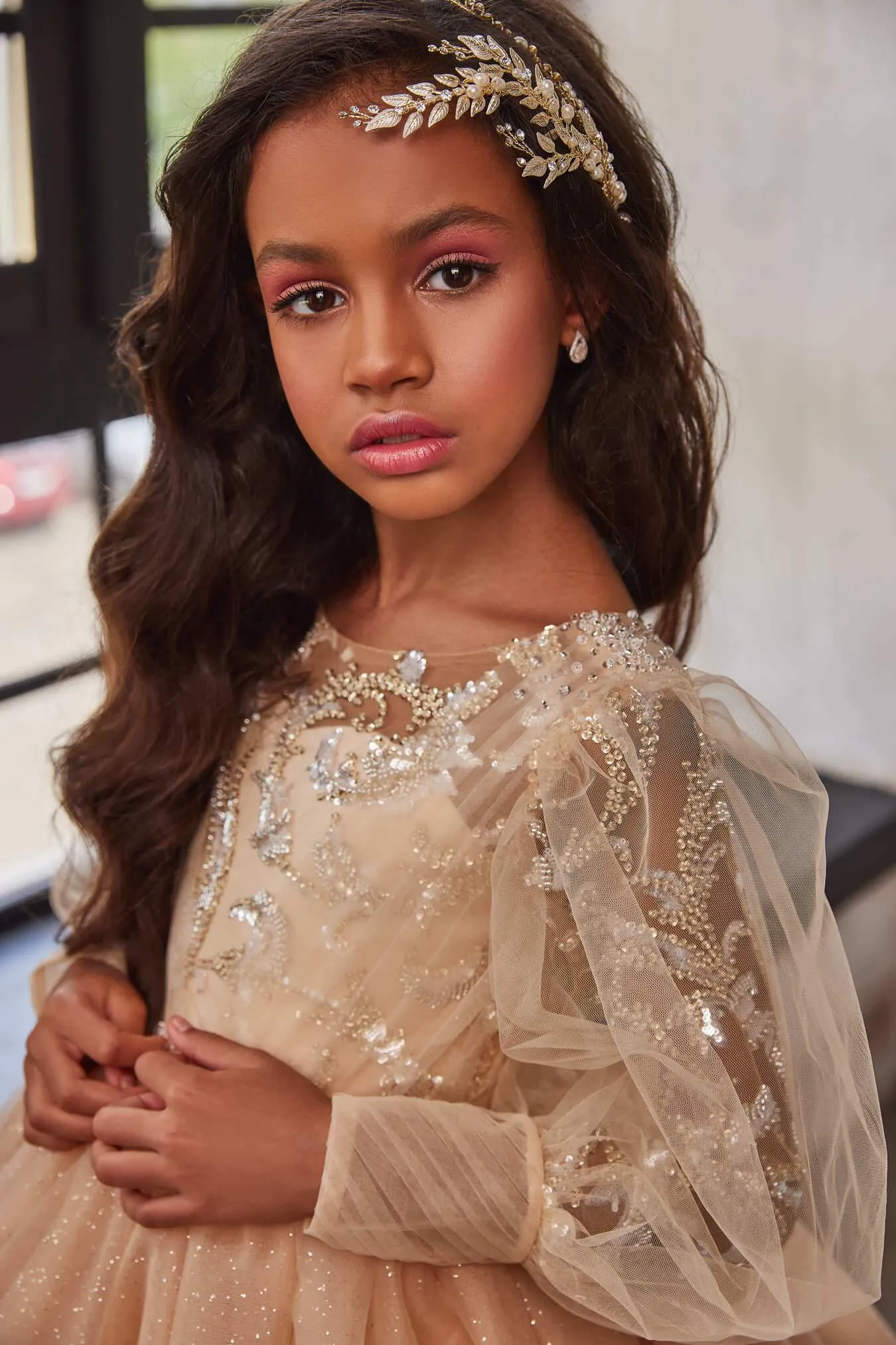 Puffed Sleeve Sparkly Princess Dress for Junior Bridesmaids