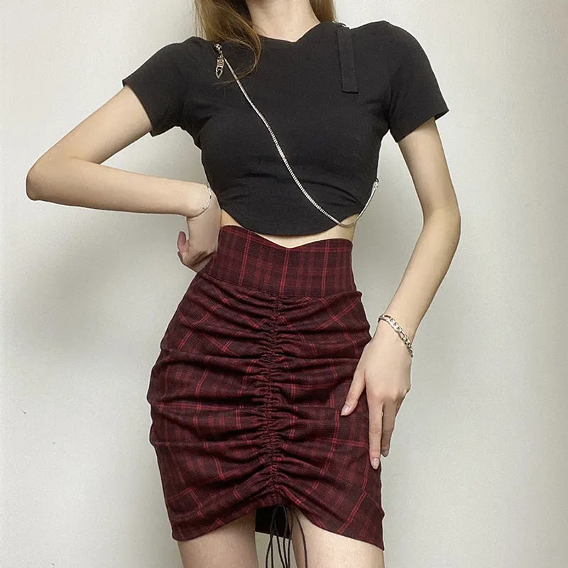 RED AND BLACK PLAID DRAWSTRING SKIRT UB2735