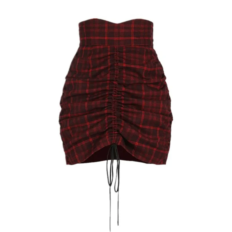 RED AND BLACK PLAID DRAWSTRING SKIRT UB2735