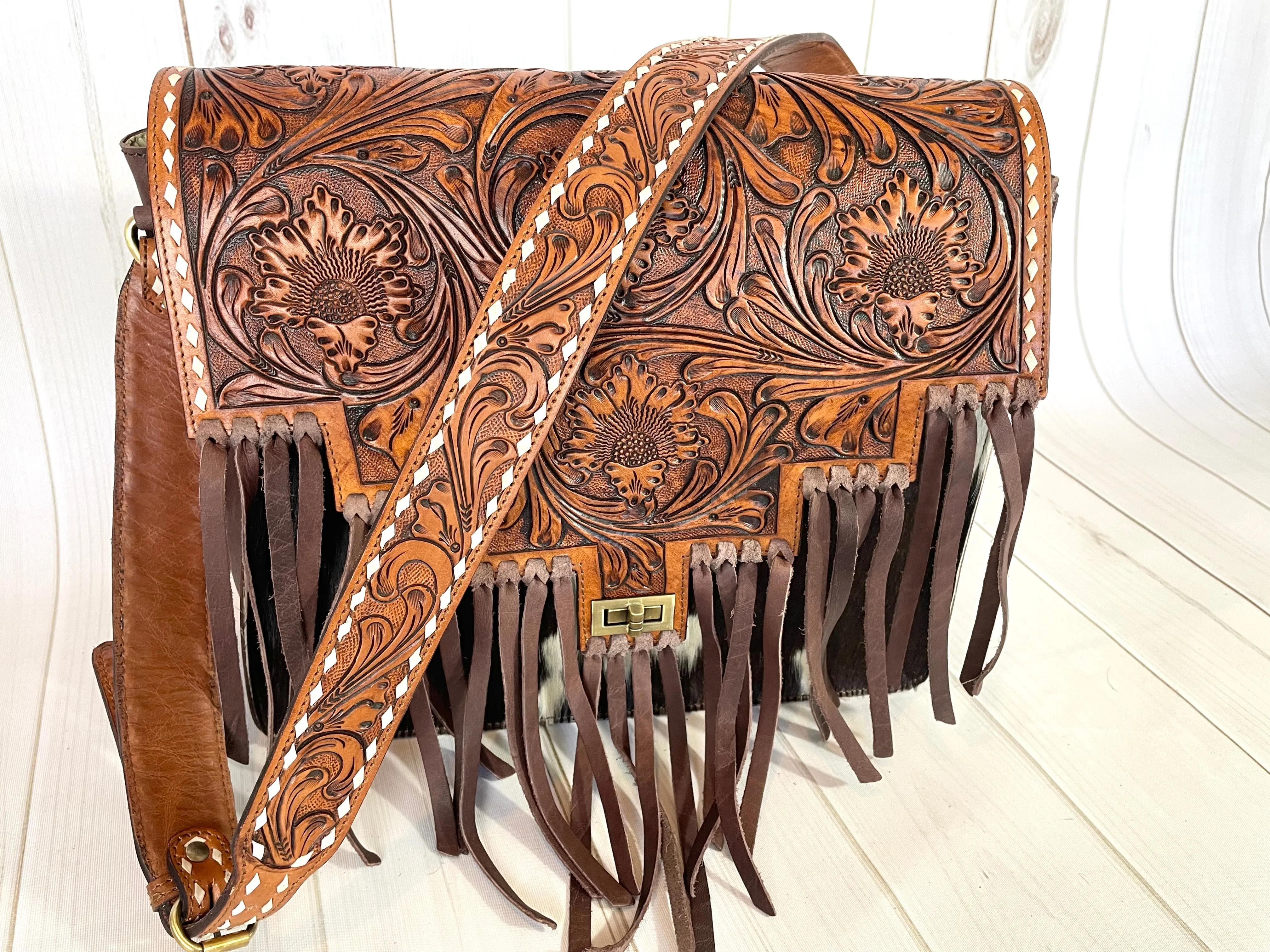 Scottsdale Tooled Dark Brown Leather Fringe on Hide Satchel Bag