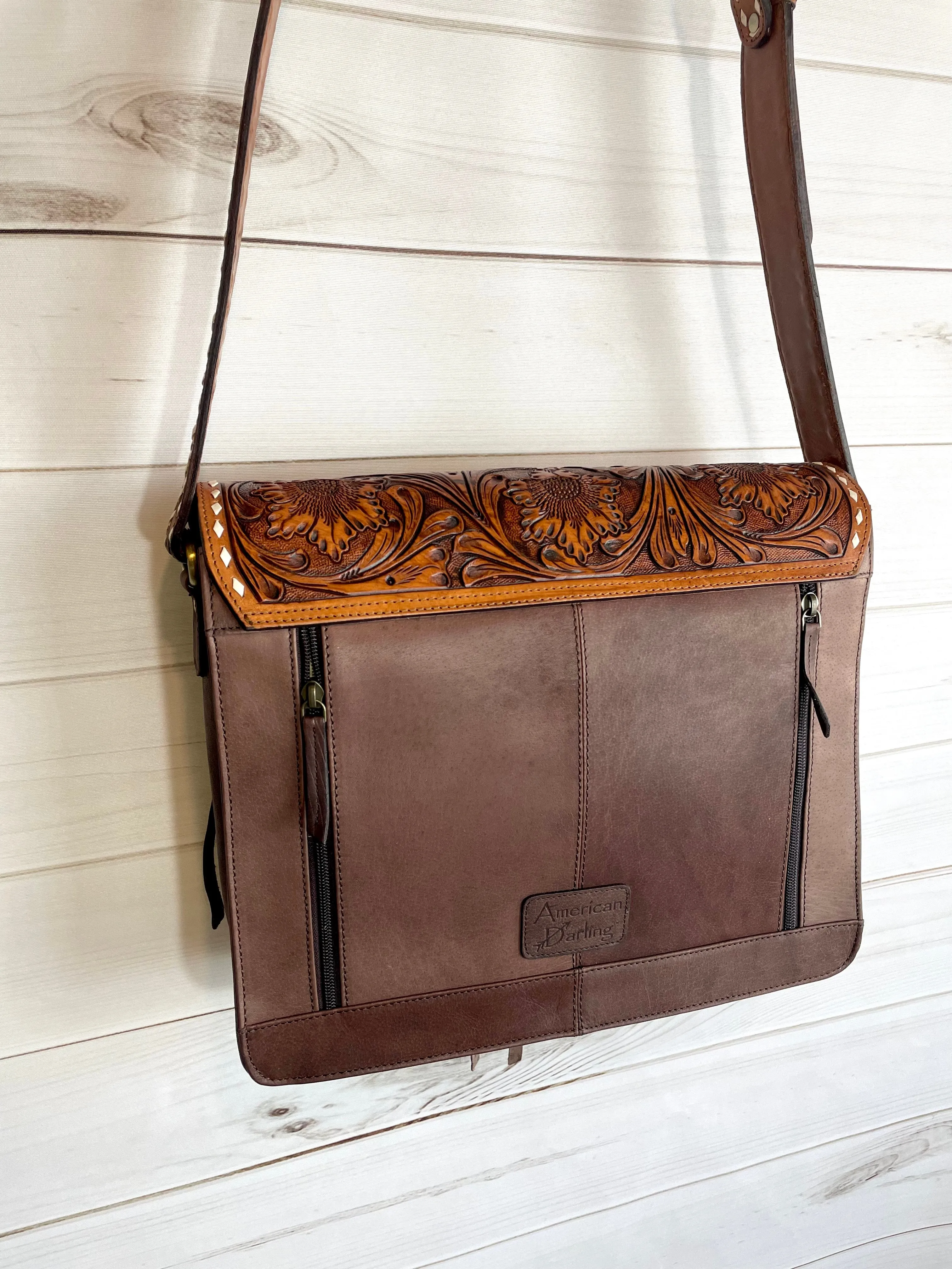 Scottsdale Tooled Dark Brown Leather Fringe on Hide Satchel Bag