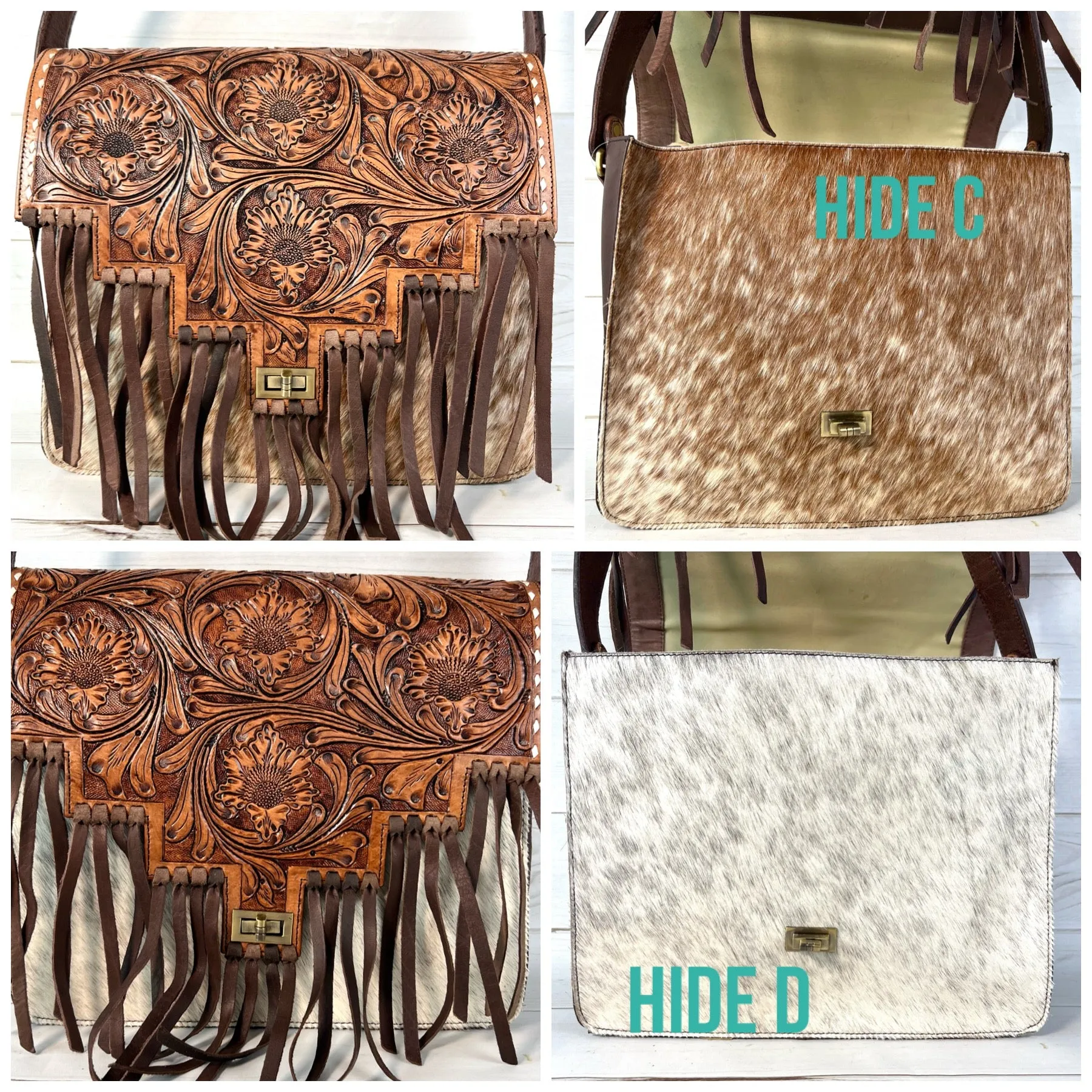 Scottsdale Tooled Dark Brown Leather Fringe on Hide Satchel Bag