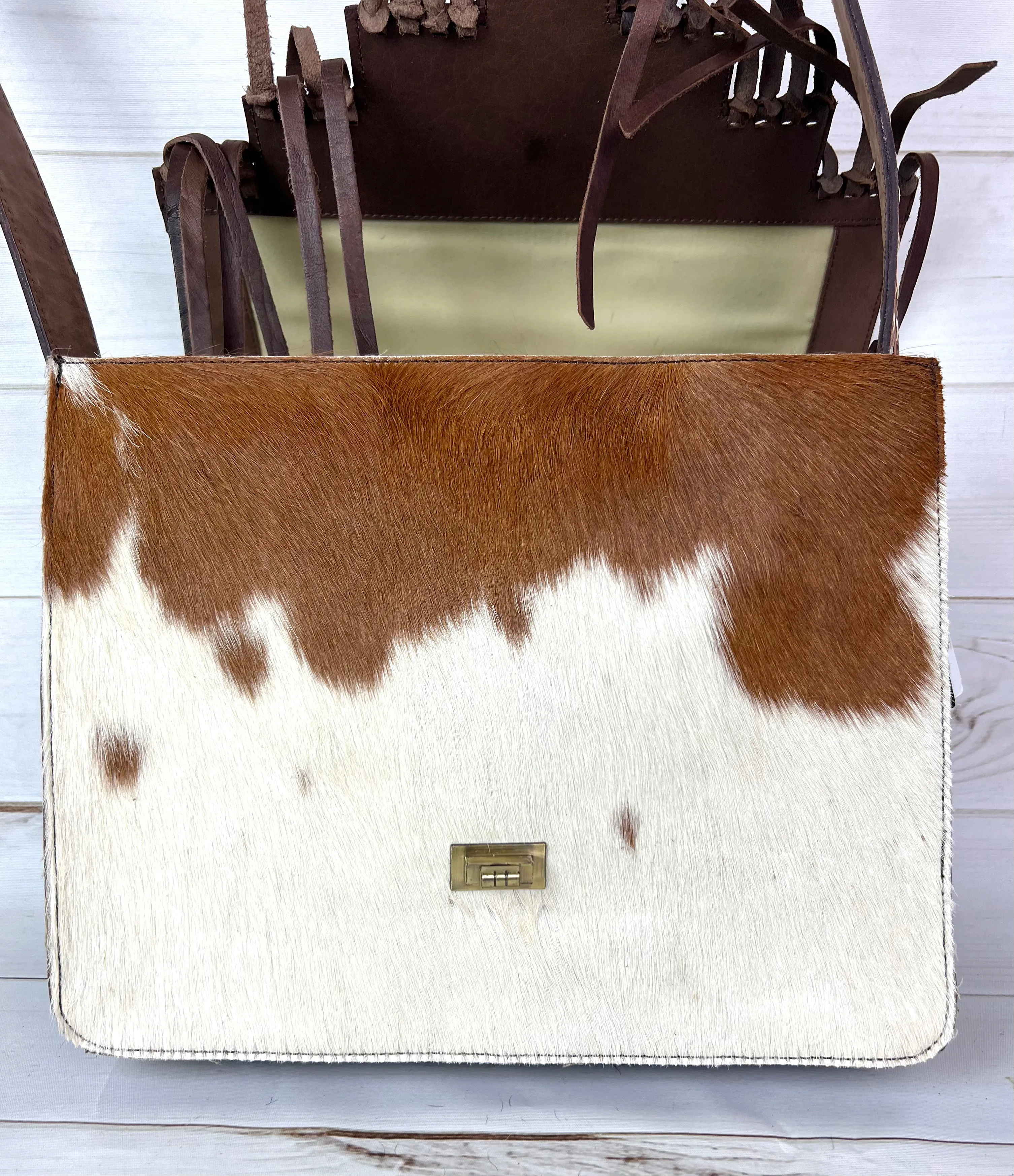 Scottsdale Tooled Dark Brown Leather Fringe on Hide Satchel Bag