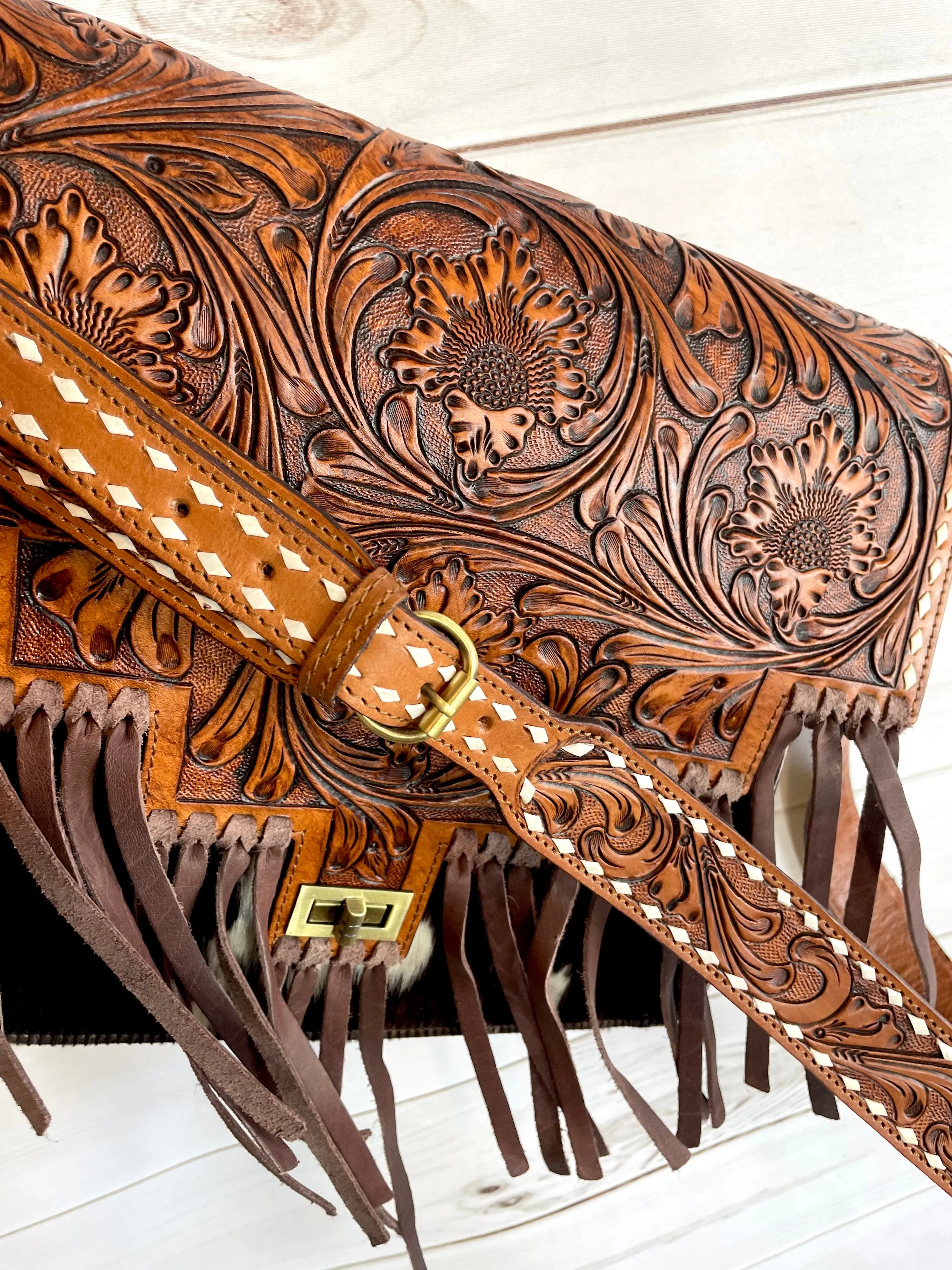 Scottsdale Tooled Dark Brown Leather Fringe on Hide Satchel Bag