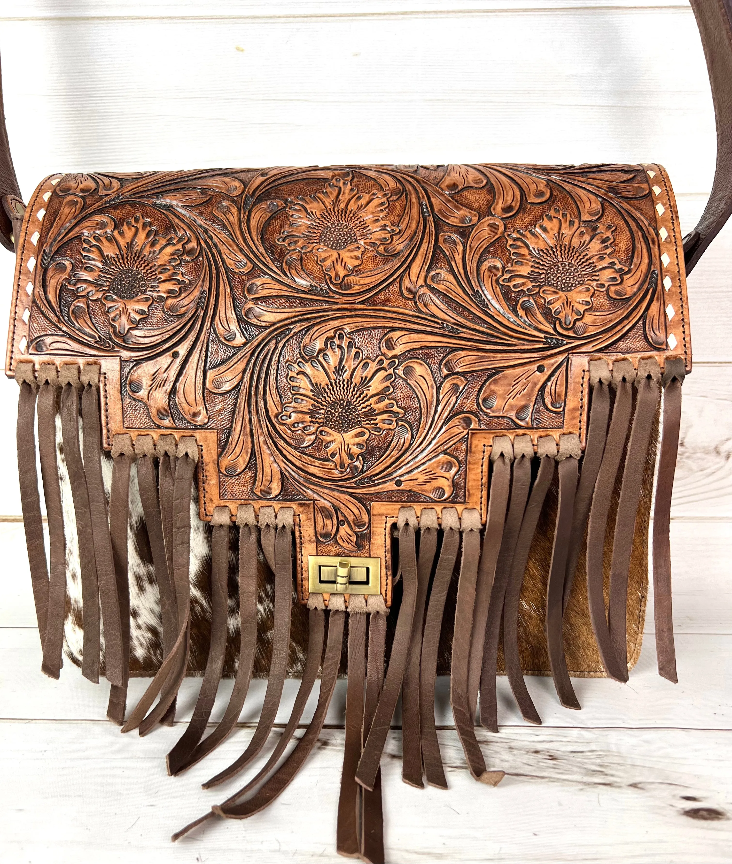Scottsdale Tooled Dark Brown Leather Fringe on Hide Satchel Bag