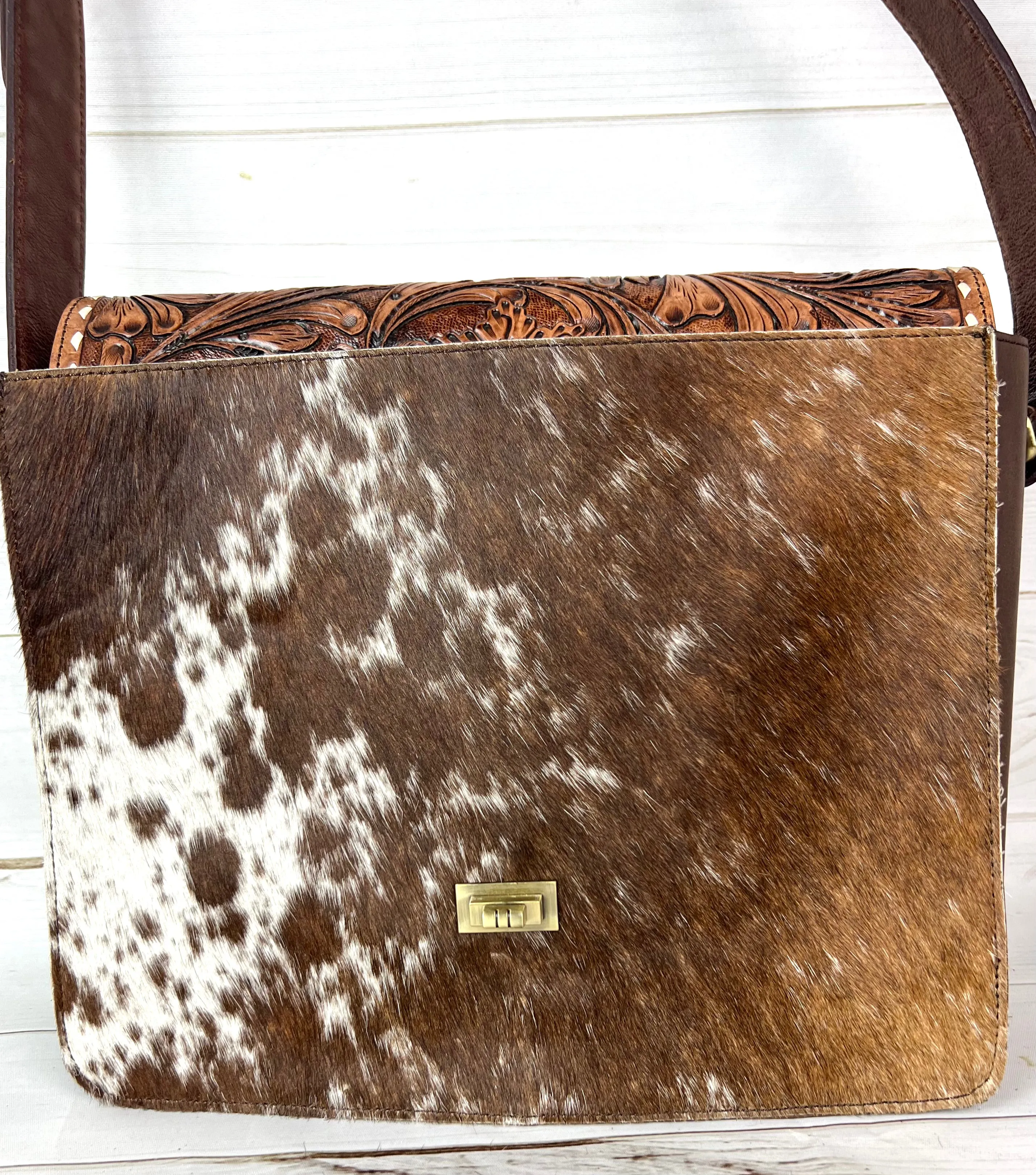 Scottsdale Tooled Dark Brown Leather Fringe on Hide Satchel Bag