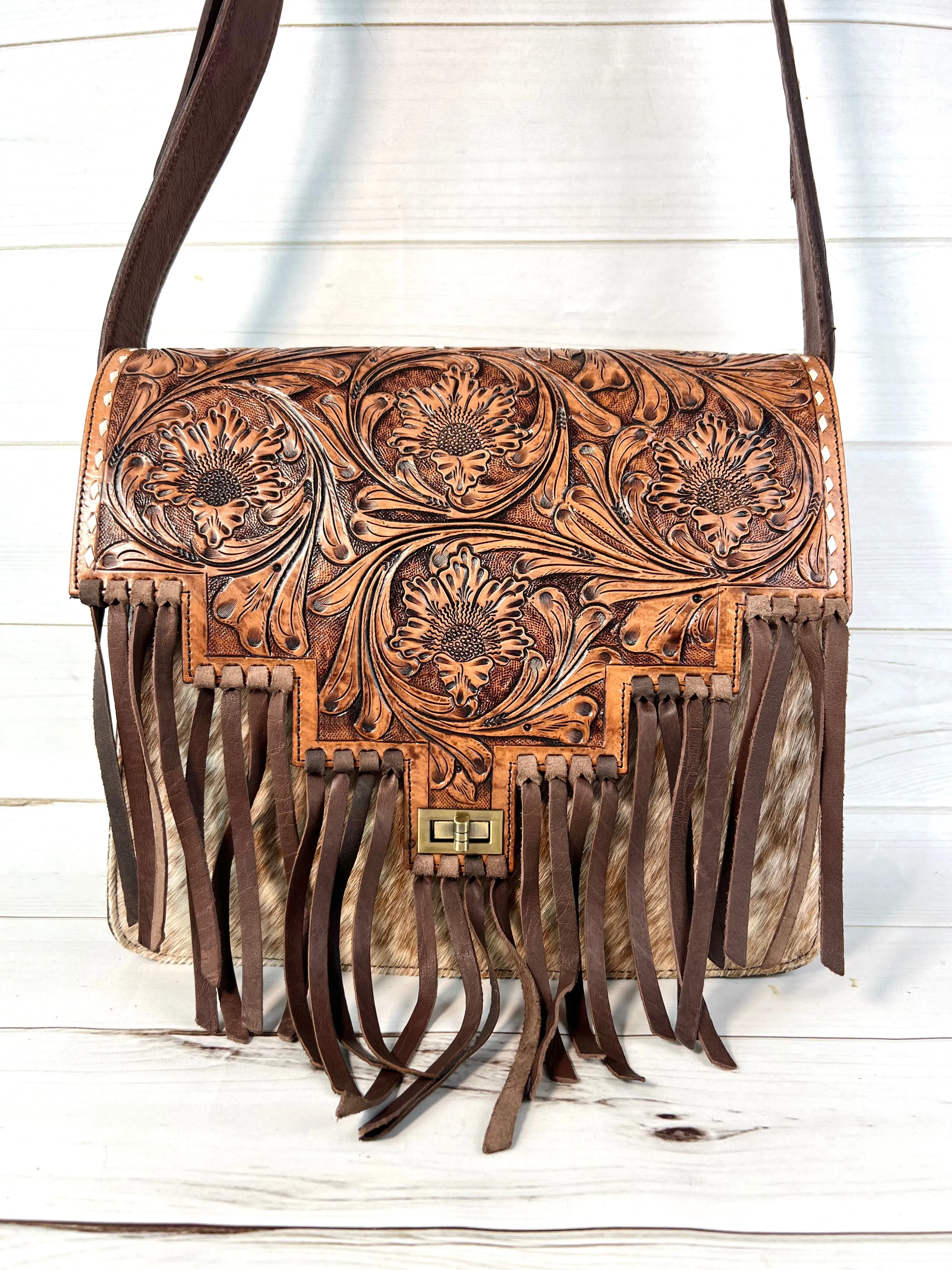 Scottsdale Tooled Dark Brown Leather Fringe on Hide Satchel Bag
