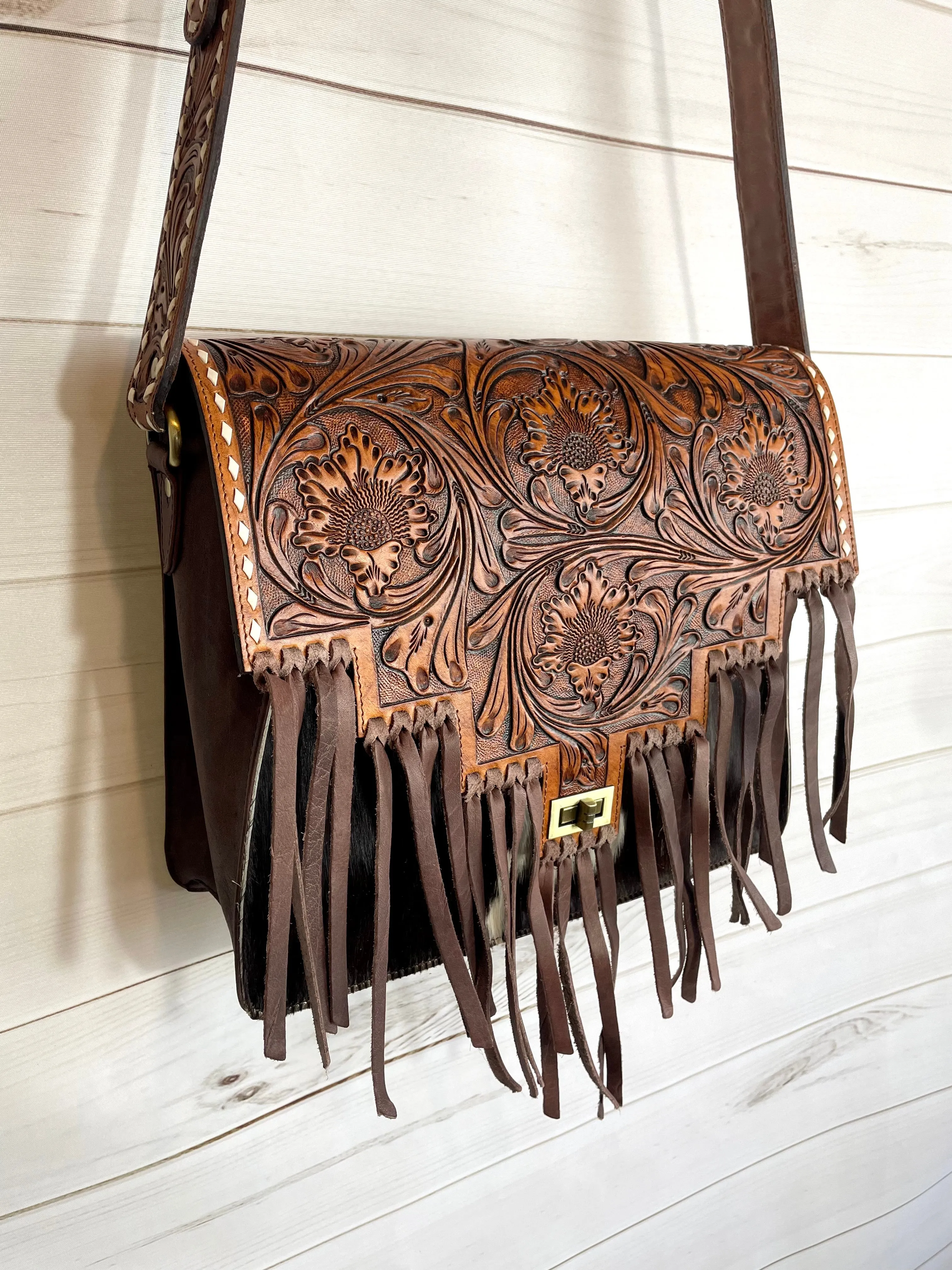 Scottsdale Tooled Dark Brown Leather Fringe on Hide Satchel Bag
