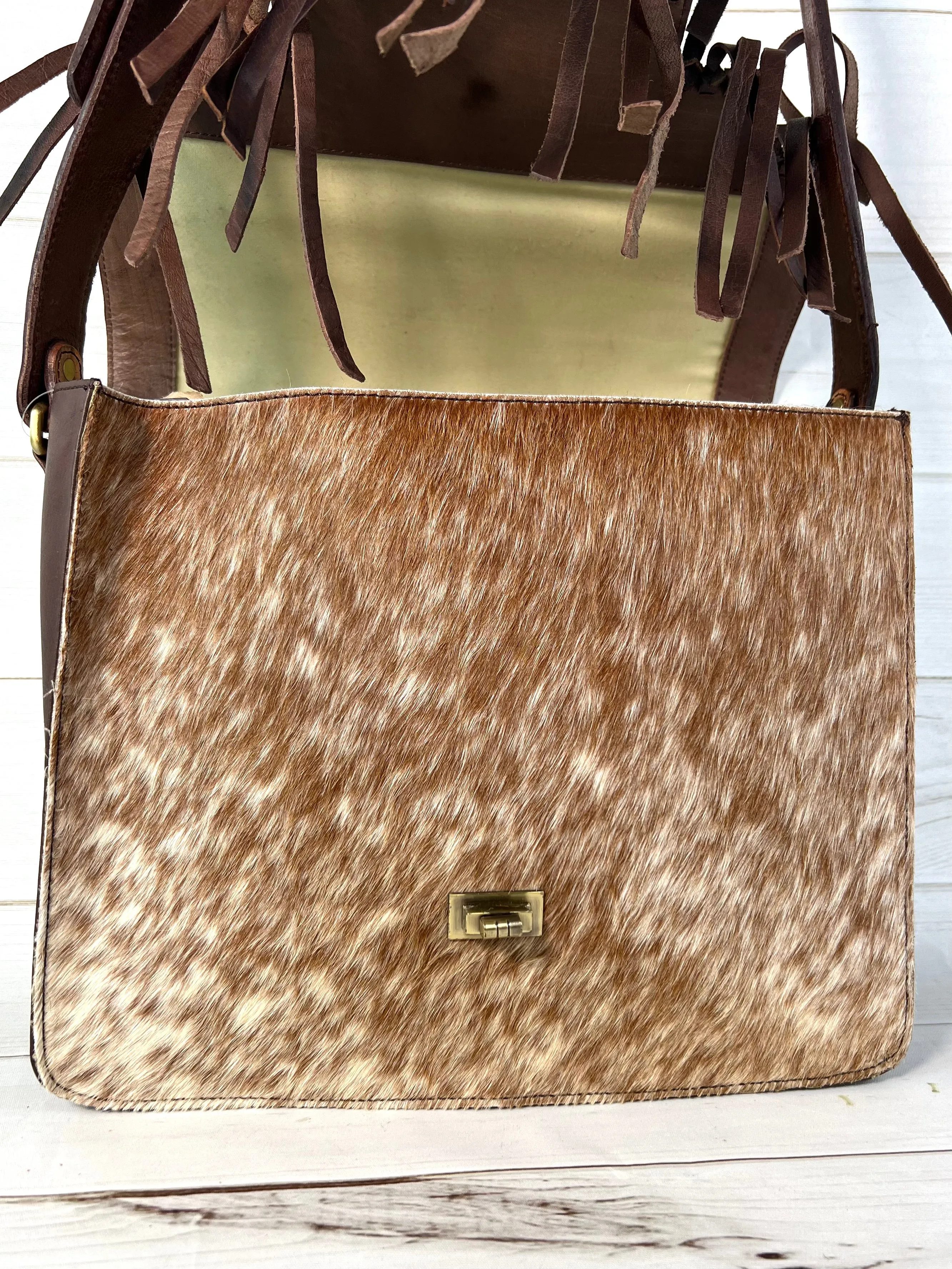 Scottsdale Tooled Dark Brown Leather Fringe on Hide Satchel Bag