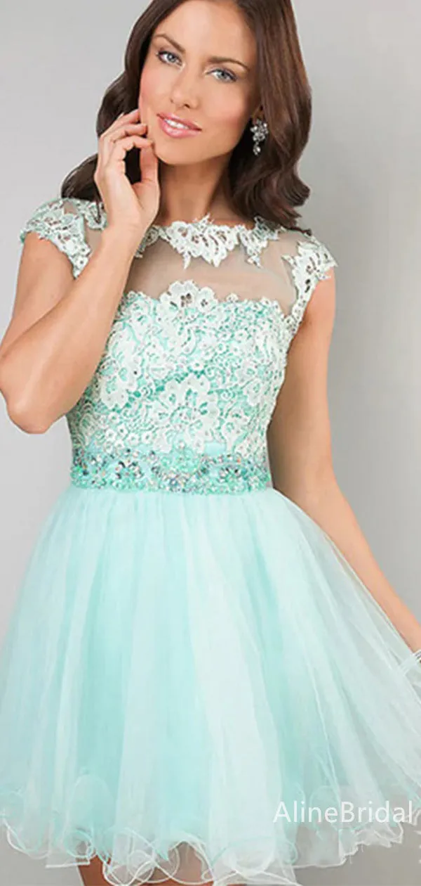 See Through Lace Appliques A-line Short Mini Homecoming Dress, HD32651