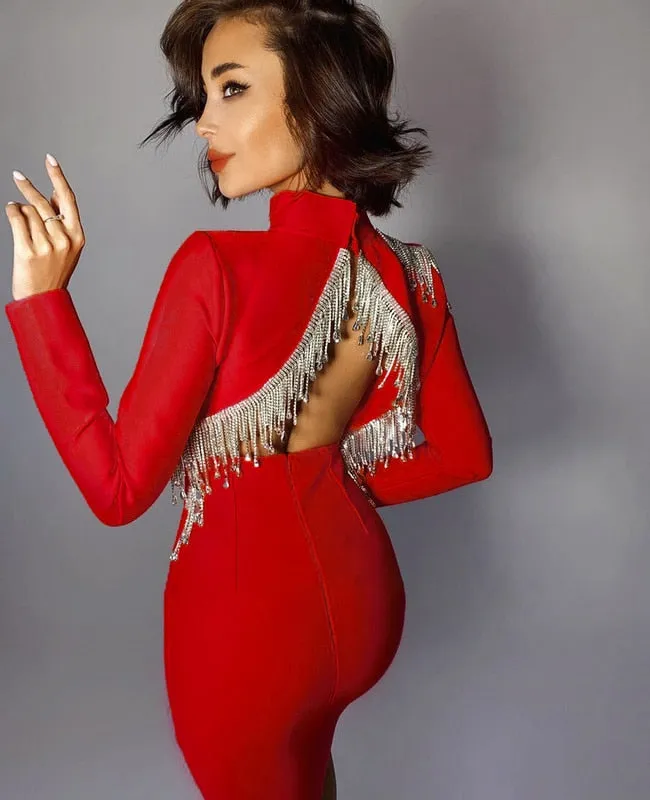 Sparkly Backless Diamonds Tassel Rayon Bandage Dress