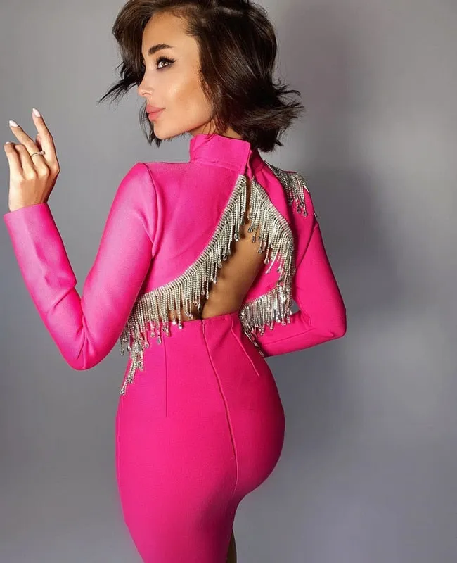 Sparkly Backless Diamonds Tassel Rayon Bandage Dress