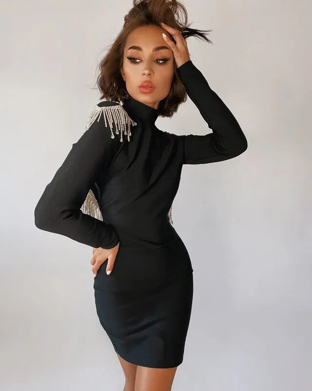Sparkly Backless Diamonds Tassel Rayon Bandage Dress
