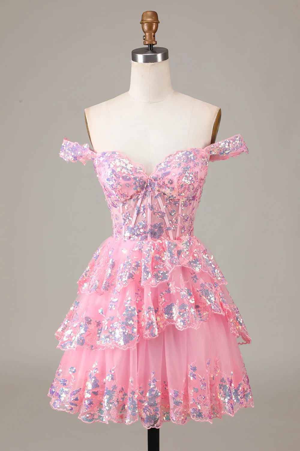Sparkly Black Pink A Line Off The Shoulder Corset Tiered Short Homecoming Dress
