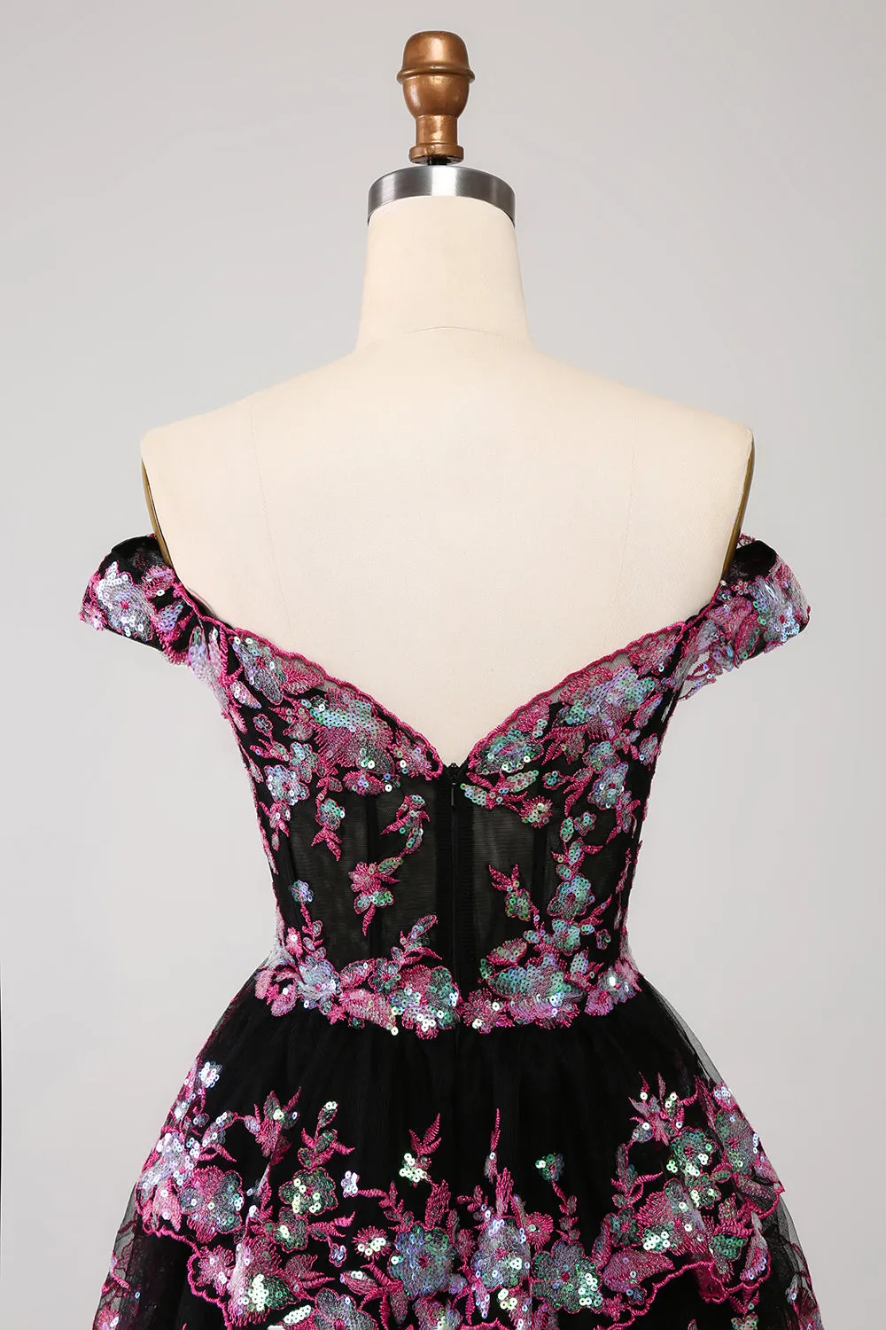 Sparkly Black Pink A Line Off The Shoulder Corset Tiered Short Homecoming Dress