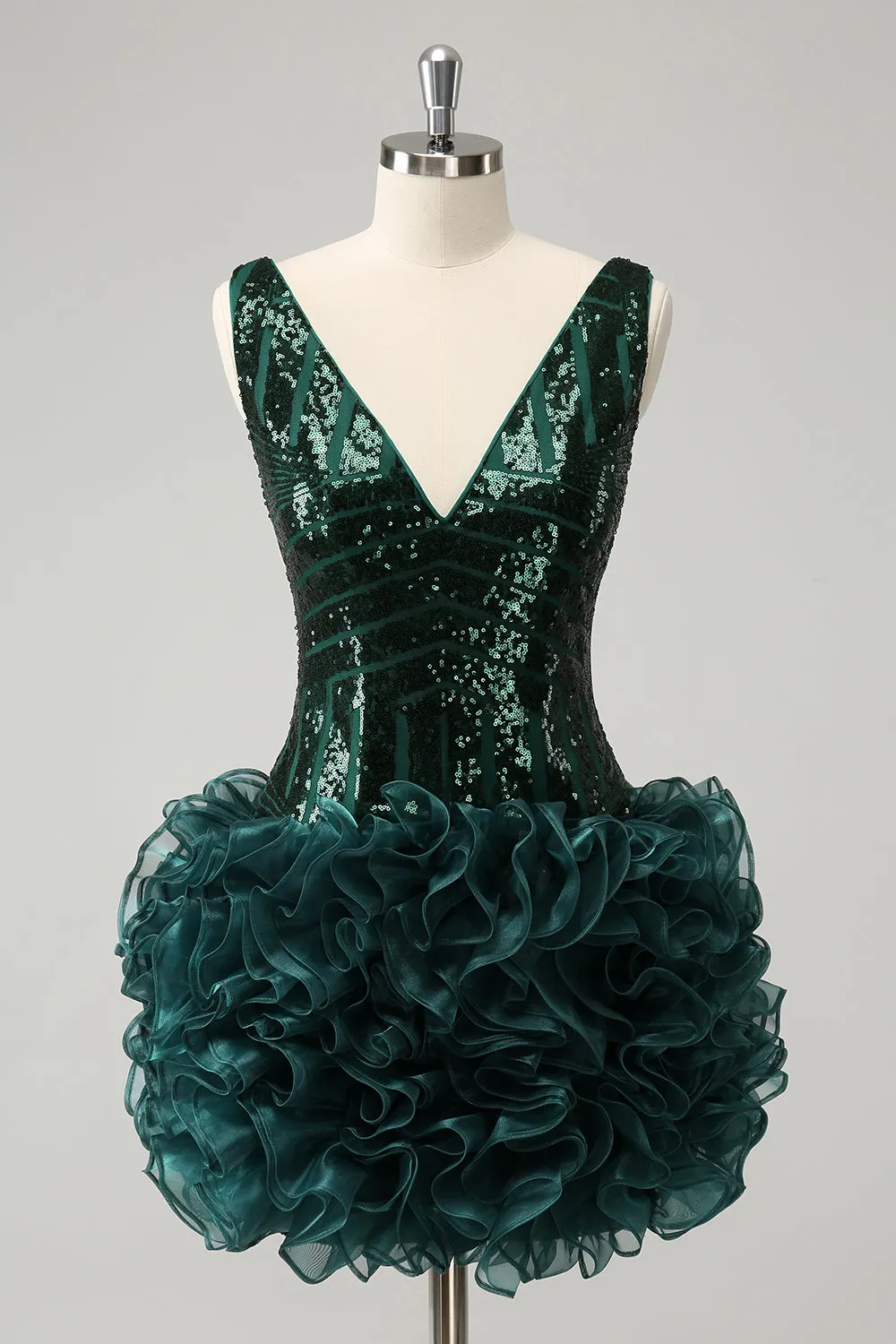 Sparkly Dark Green Tight V Neck Detachable Skirt Sequin Short Homecoming Dress