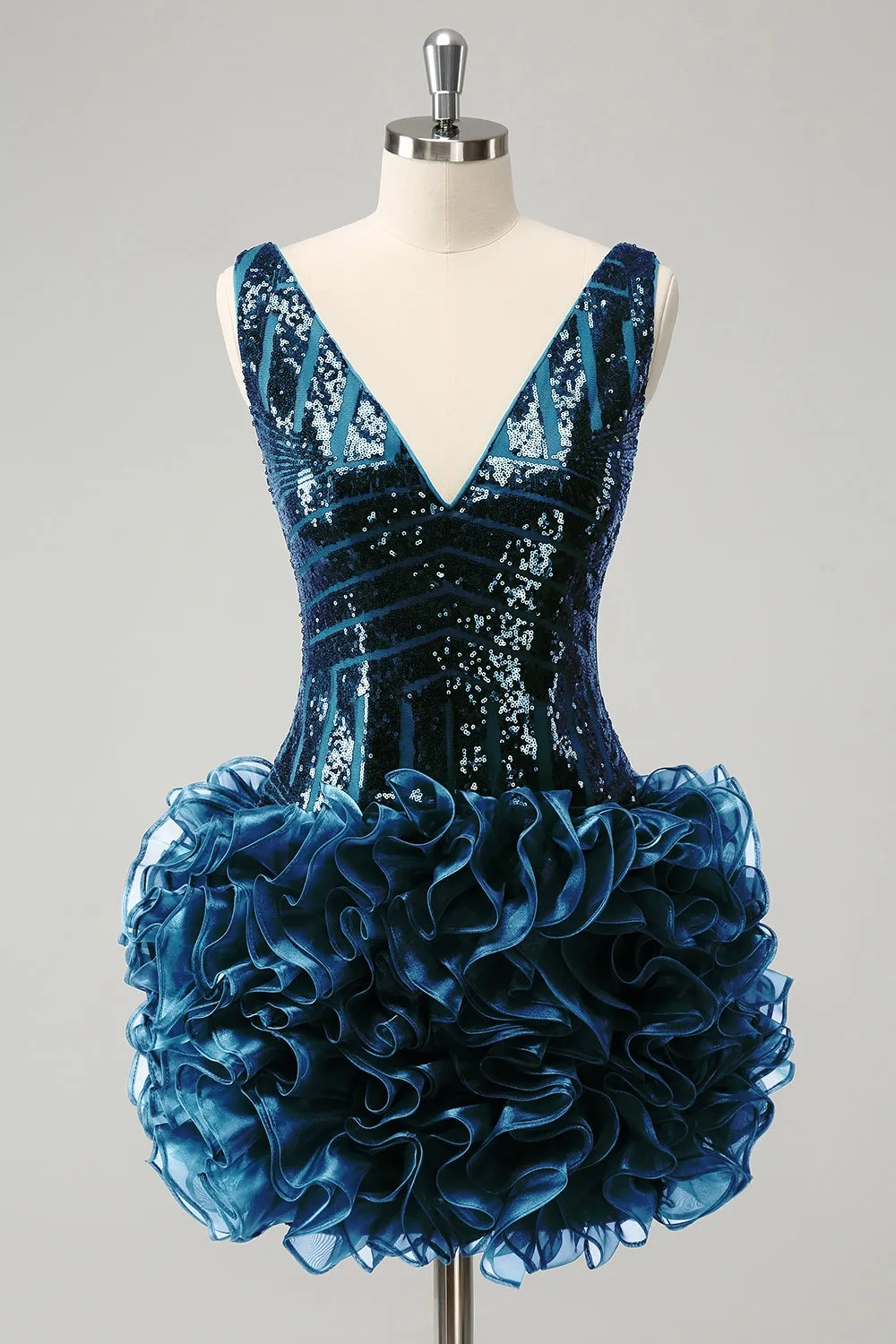 Sparkly Dark Green Tight V Neck Detachable Skirt Sequin Short Homecoming Dress