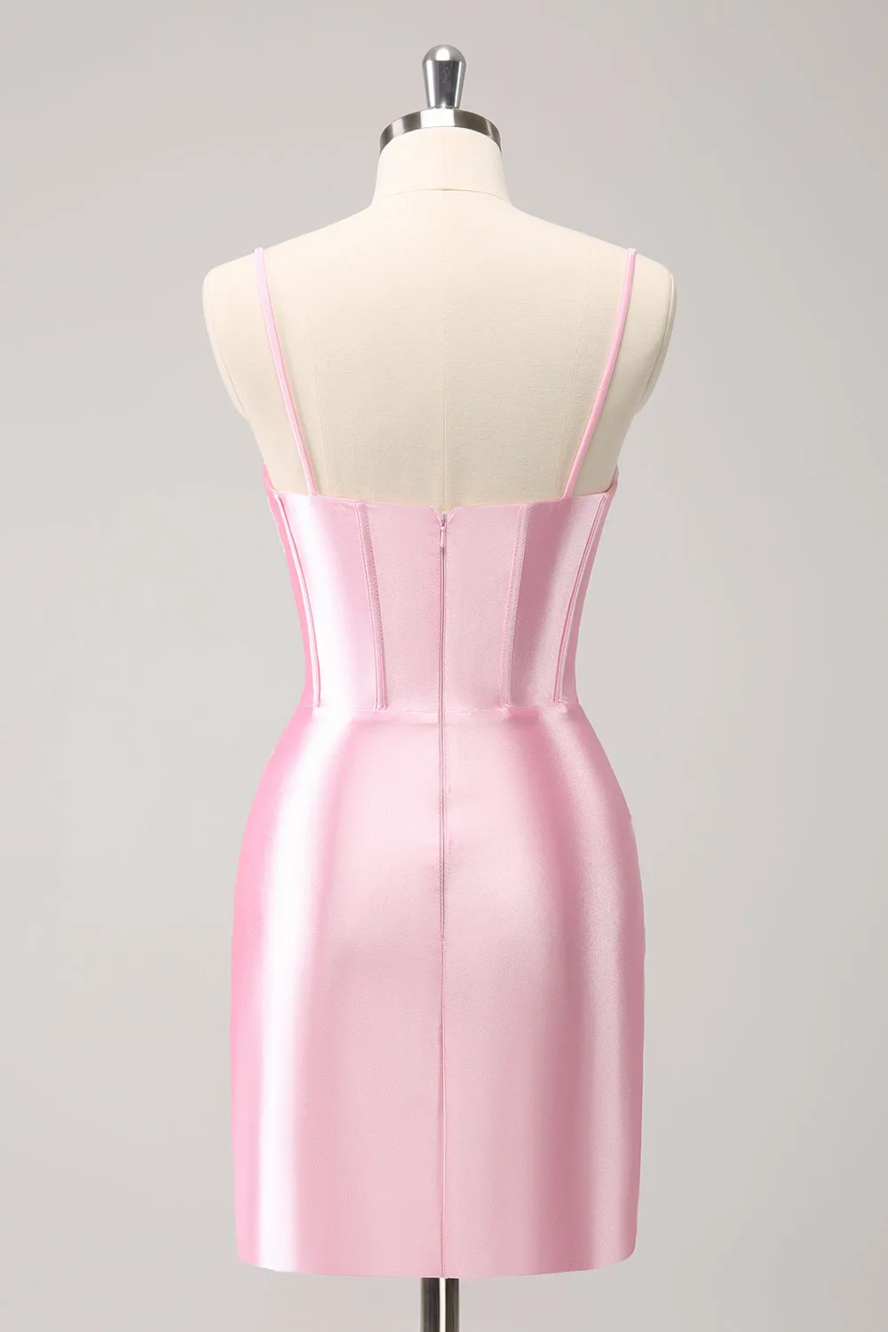 Sparkly Pink Spaghetti Straps Corset Pleated Short Tight Homecoming Dress with Beading