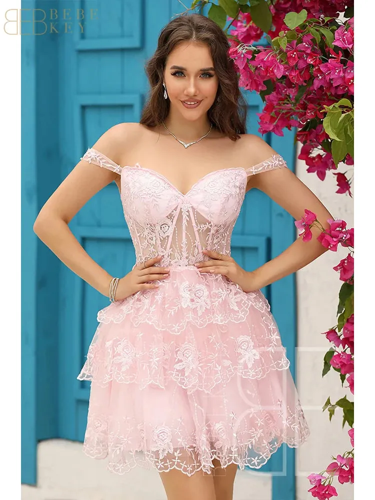 Sparkly Sky Blue Corset Tiered Short Homecoming Dress with Lace  Off the shoulder Prom Dress Formal Dress robe de soiree