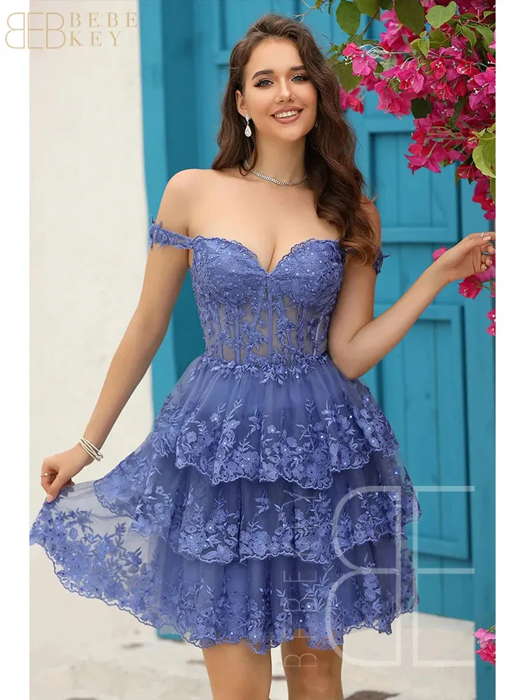 Sparkly Sky Blue Corset Tiered Short Homecoming Dress with Lace  Off the shoulder Prom Dress Formal Dress robe de soiree