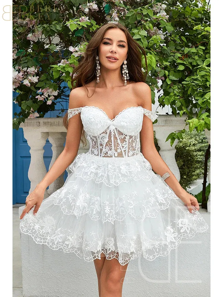 Sparkly Sky Blue Corset Tiered Short Homecoming Dress with Lace  Off the shoulder Prom Dress Formal Dress robe de soiree