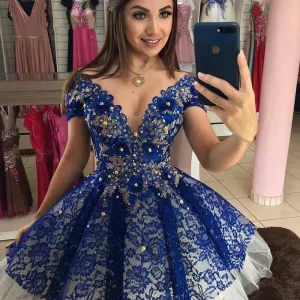 Sparkly V Neck Short Lace Dresses Beaded Appliques Formal Prom Mini Party Gown