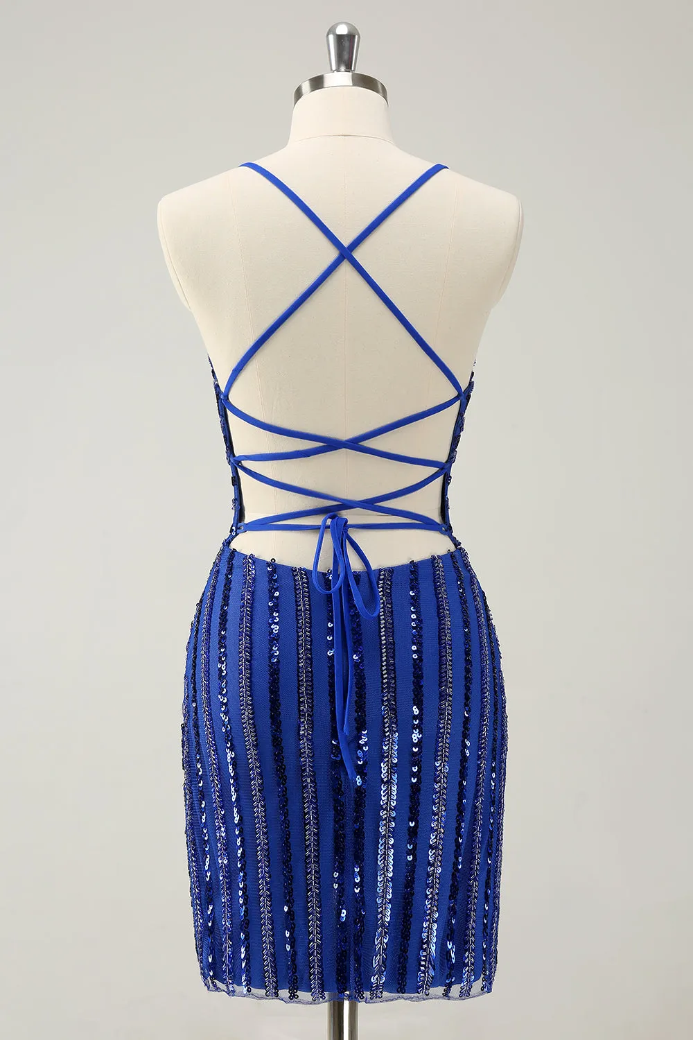 Stylish Sparkly Royal Blue Tight Lace Up Back Sequin Homecoming Dress with Beading