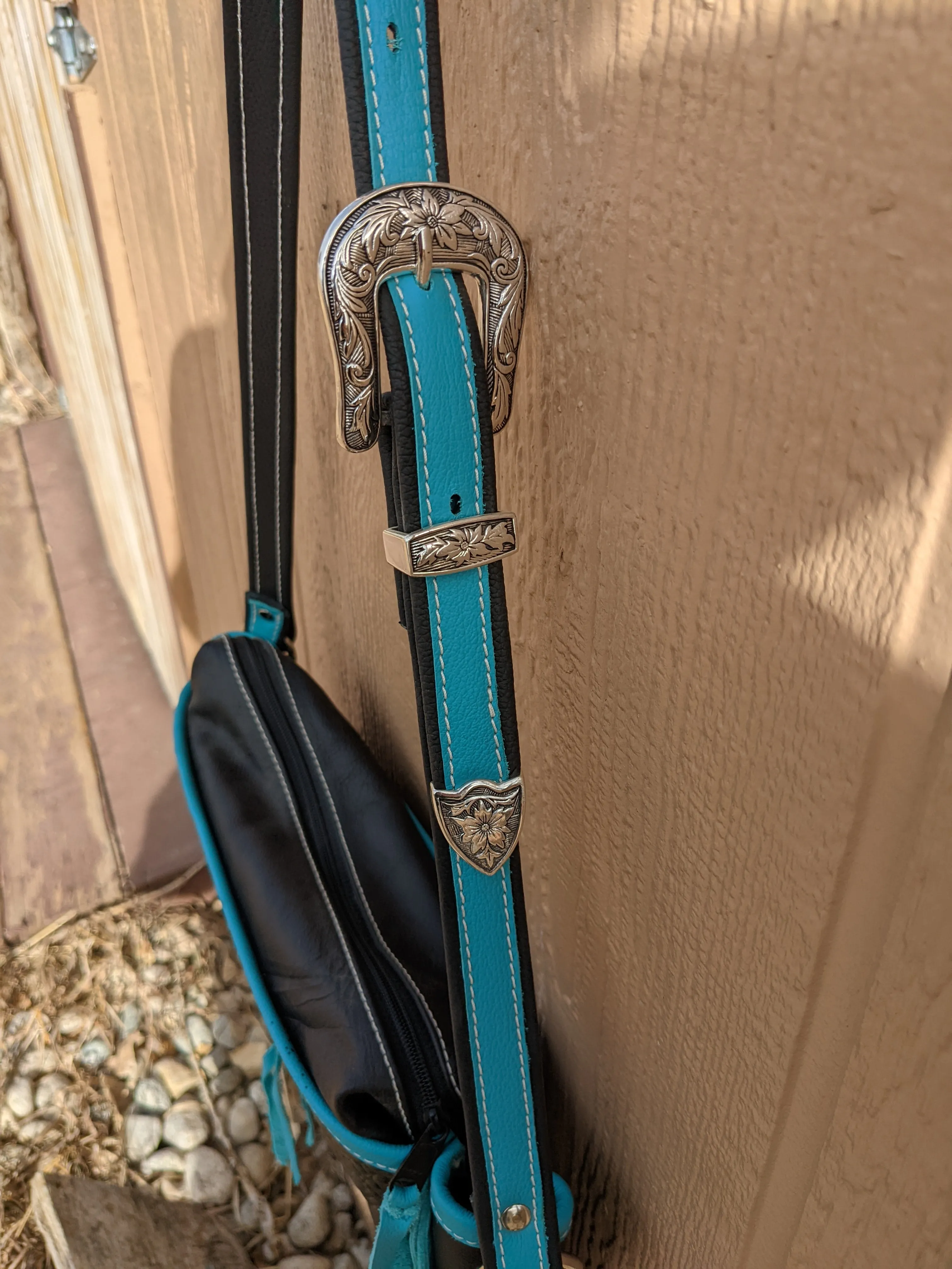 Teal and Black Fringed Purse with Decorative Concho